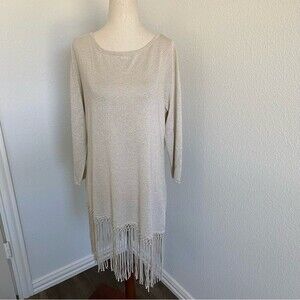 WHBM Shimmer Gold Silver Fringe L Sleeve Boat Neck Glam Sexy Career Size L
